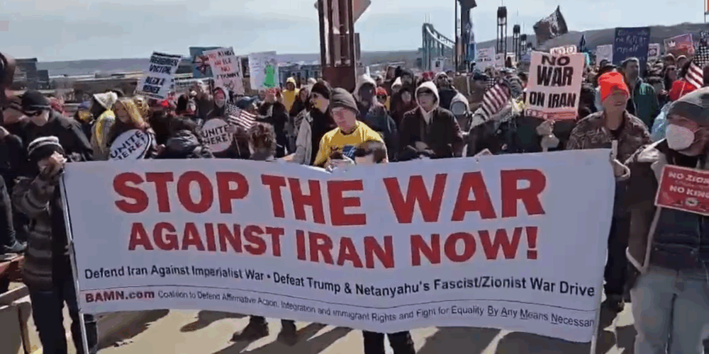 bamn banner against war on iran